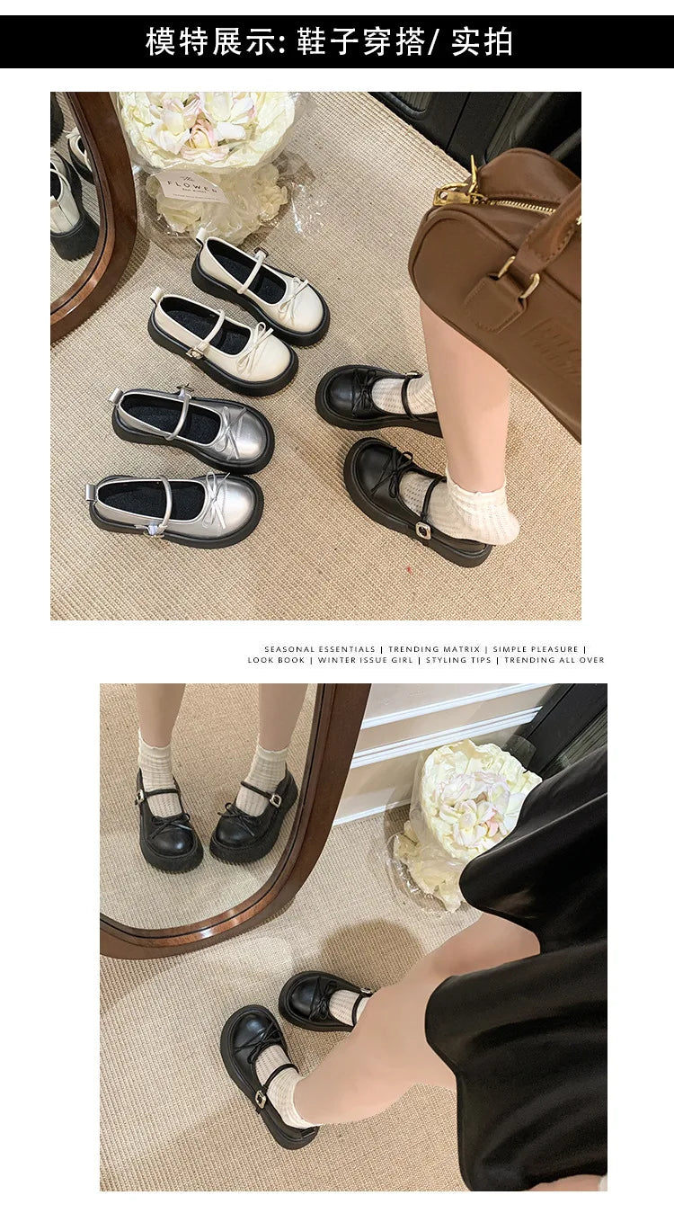 LBSFY -French bowknot Mary Jane Platform Shoes Woman 2025Buckle Strap Pu Leather Casual Shoes Woman Thick Sole Student Jk Uniform Shoes