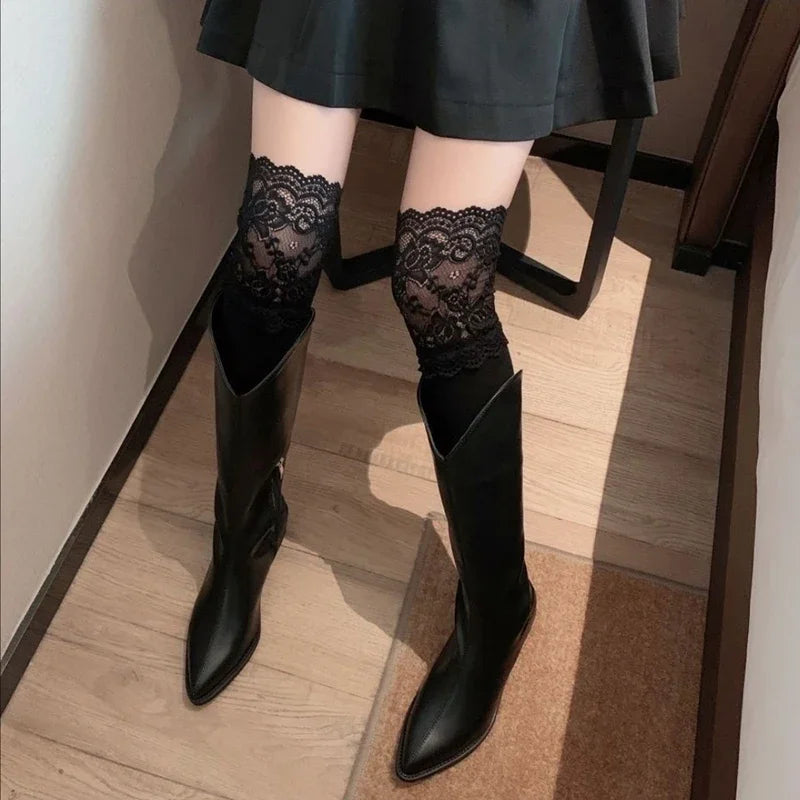 Lbsfy Boot Socks Autumn/Winter Solid Color Thigh High Lace Cute Lolita Thick Warm Stockings Sexy Black White Long Leg Socks for Women