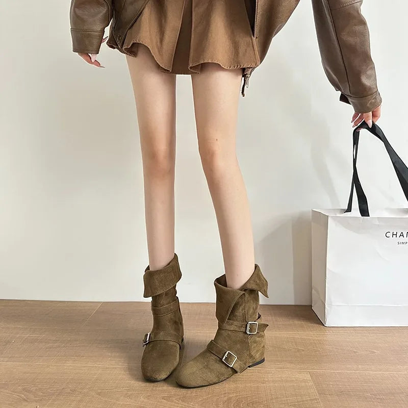 LBSFY -New Women's Vintage Suede Women Trouser Legs Boots Fashion Belt Buckle Slip on Shoes Autumn Winter Wedges Heel Ladies Long Boots