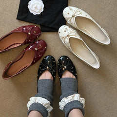 LBSFY -New Women Flat Shoes Autumn Round Toe Shallow Mouth Patent Leather Butterfly Knot Rivet Casual Shoes Soft Sole Single Shoes