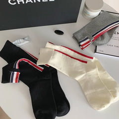 Lbsfy 3 Pairs Woman Tide Brand European Striped Label Solid Color Spring Autumn Cotton Socks Japanese JK Three Stripes Fashion Sox