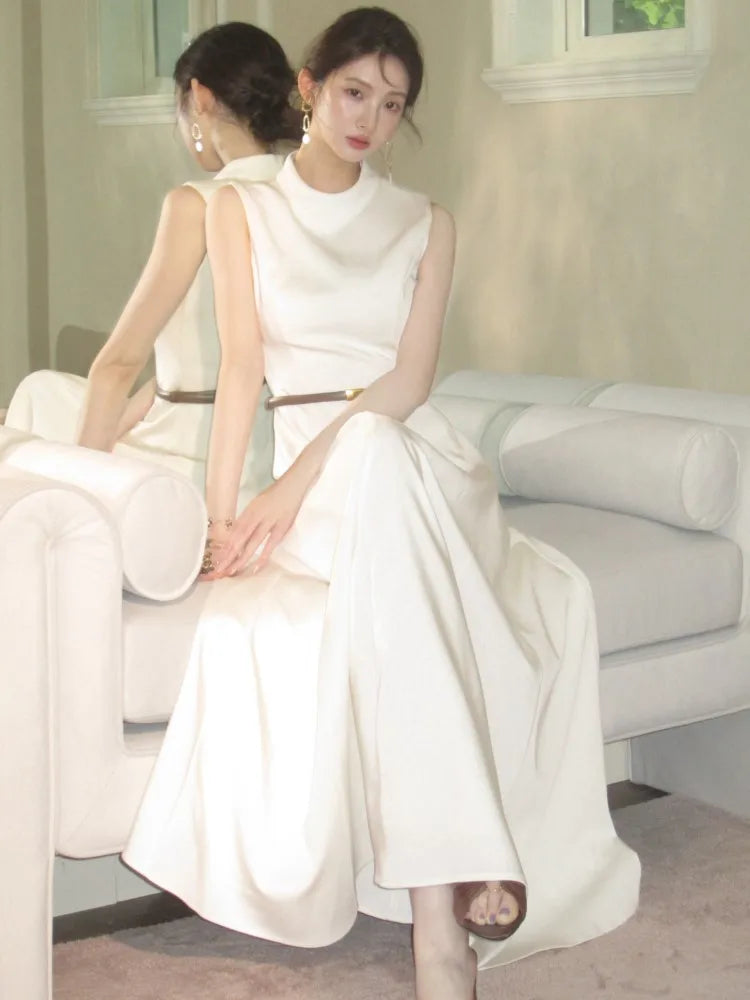 LBSFY -Vintage Elegant French Women's Prom Long Dresses Chic O-Neck A-Line Sleeveless Black White Patchwork Dress Party Evening Vestido