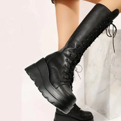 LBSFY -Black Gothic Fashion Round Toe Side Zipper Lace Up Women's Mid Calf Boots New INS Christmas Street Party Shoes Woman