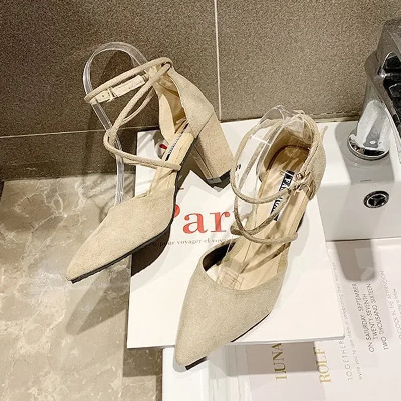 LBSFY -New Spring Autumn Women Heels Ankle Cross Strap Thick High Heel Sexy Female Shoes Casual Suede Black Pointed Toe Pumps