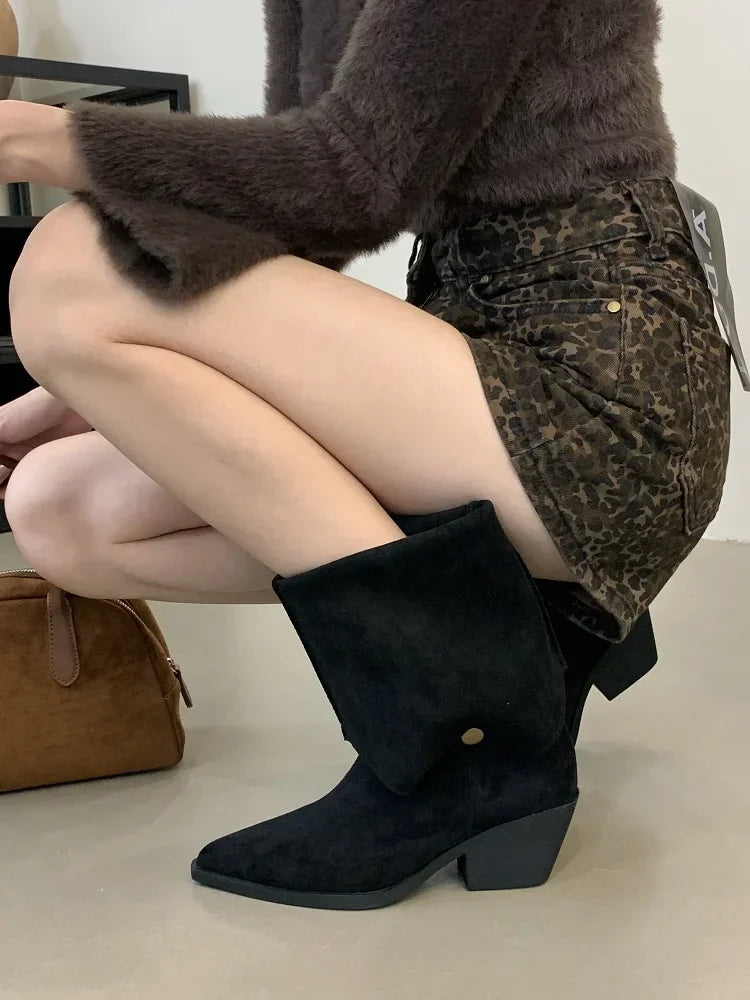 LBSFY -Retro Style Fold Button Women Knee-High Boots Fashion Pointed Toe Square Low Heels Casual Dress Ladies Shoes