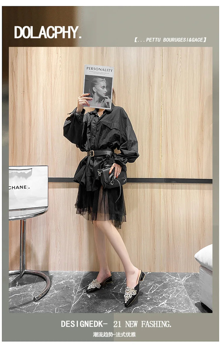 LBSFY -Pearl Half Slippers Women Shoe Autumn Rhinestone Chunky Mid Heel Slipper Sandals Fashion Muller Casual Versatile Single Shoes