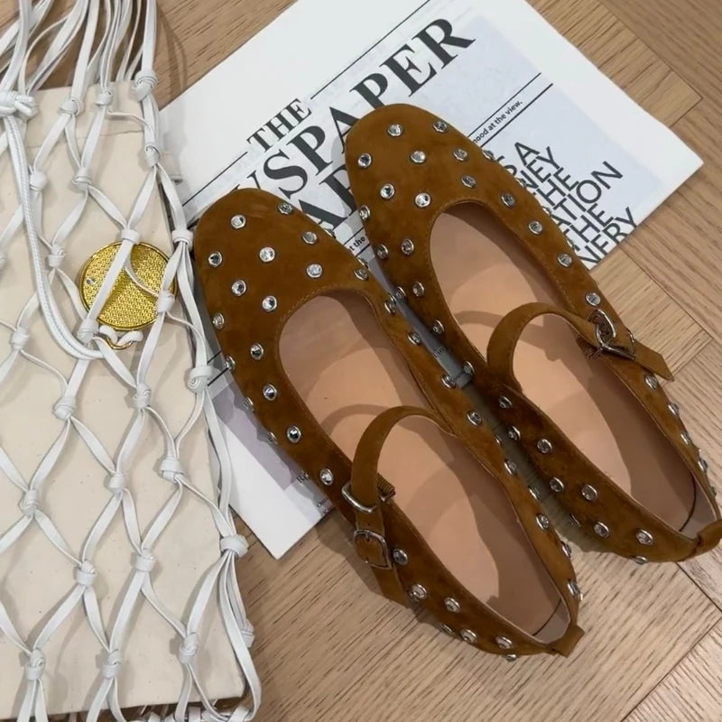 LBSFY  -  Fashionable Diamond Studded Women's Mary Jane Ballet Shoes 2025 Spring Shoes Casual Soft Leather Comfortable Flat Ballet Shoes