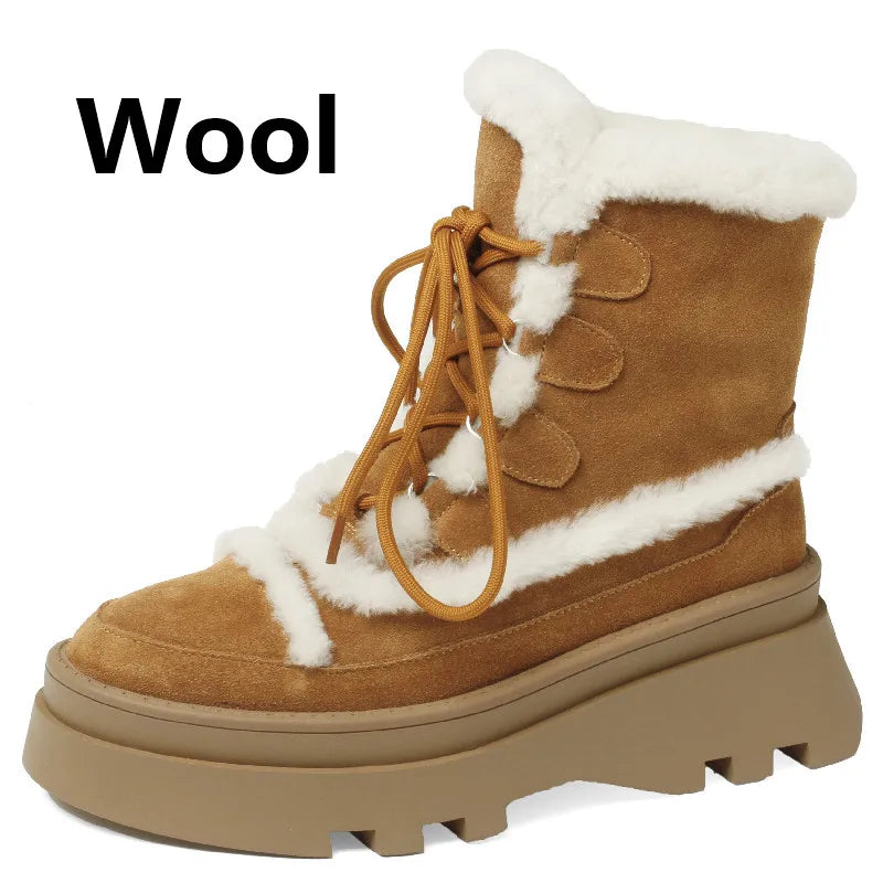 LBSFY  -  Outdoor Casual Winter Warm Women Snow Ankle Boots Platforms Cow Suede Leather Lace-Up Wool Shoes Woman Office Ladies