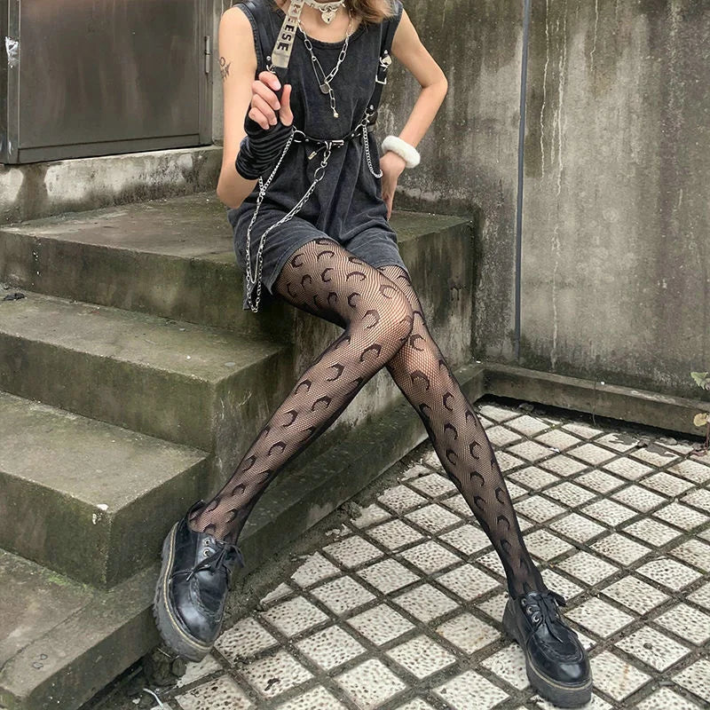 Lbsfy Lolita Girls Cute Pentacle Print Tights Women Sexy Gothic Punk Magical Five-Pointed Star Mesh Fish Net Pantyhose Body Stockings