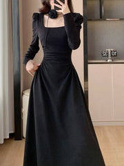 LBSFY -Elegant Chic Women Fashion Black Dress Vintage Casual A-Line Solid Party Birthday Prom Dresses Female Spring Clothes Robe Mujers