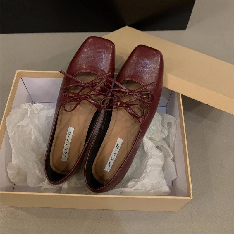 LBSFY -Sweet Double Bowknot Women Mary Jane Shoes New Square Toe Dress Flat Shoe Ladies Red Soft Sole Shoes Zapatos