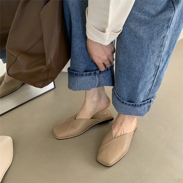 LBSFY -Flat Half Drag Slippers Square Toe Sandals 2025 Spring/Summer Outside Wear Casual Soft Bottom Mules Low Heel Sapatos Femininos