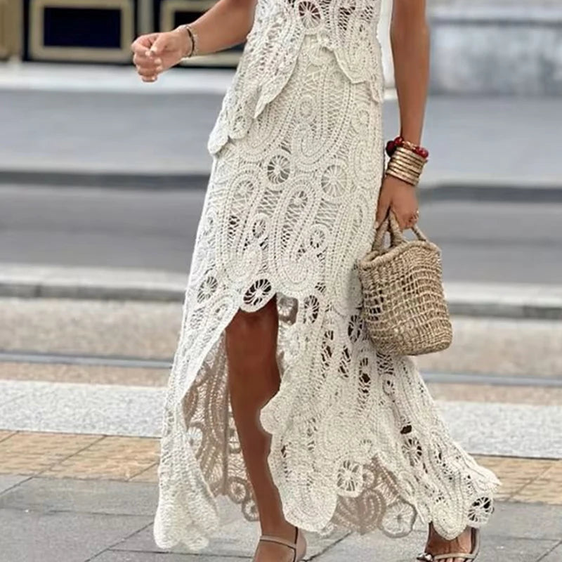 LBSFY  -  Sexy Embroidery Lace Jacquard Women Set Spring O-neck Sleeveless Vest Top & Slit Skirts Outfits Summer Irregular 2pcs Suit Mujer