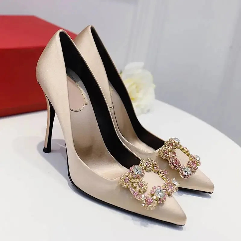 LBSFY  -  Luxury Rhinestone Pointed Toe Women Pumps Elegant Crystal Wedding Bridal Shoes Satin Silk Square Button Design Mules High Heels