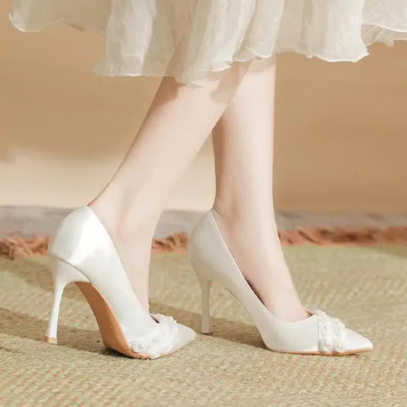 LBSFY  -  Size 30-44 White Wedding Shoes Sardine Satin Pointed Toe Stiletto Heels Women Pearls Dress Sheos