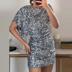 LBSFY  -  Women 2025 One Shoulder Short Sleeve Club Dress Elegant O-Neck Sequin French Style Glitter Dress Spring Temperament Party Dress