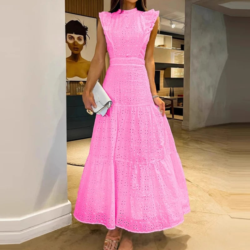 LBSFY  -  Women Casual Flying Sleeve Solid Maxi Dress Elegant Embroidery Hollow Out Long Dress Fashion Half High Collar Pleat Party Dress