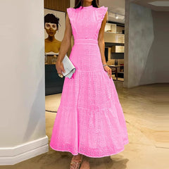 LBSFY  -  Women Casual Flying Sleeve Solid Maxi Dress Elegant Embroidery Hollow Out Long Dress Fashion Half High Collar Pleat Party Dress
