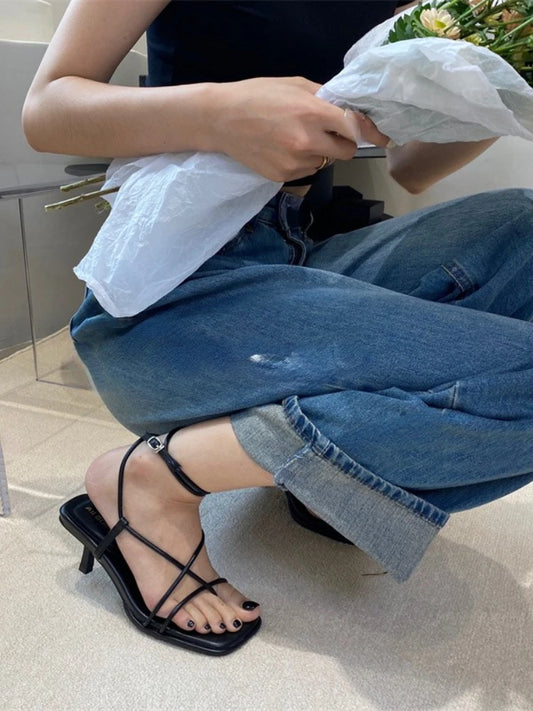 LBSFY  -  Cross Toe Hollow Out Shoes Office Lady Retro Thin Heels Sandals Casual 2024 Summer Beach Fashion Vintage Black Shoes Woman Korea