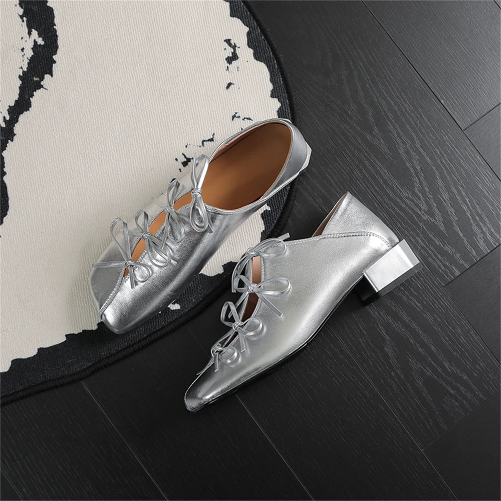 LBSFY  -  2025 Women Genuine Leather Square Toe Thick Heel Mature Sweet Dating Bowtie Party Wedding Shoes Woman Prom Pumps