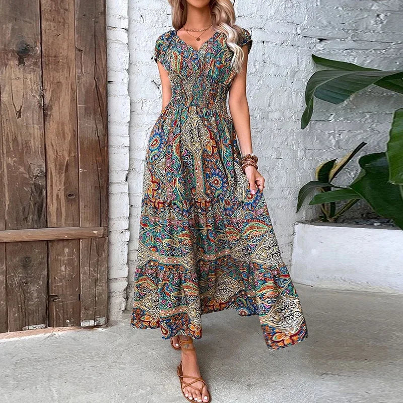 LBSFY  -  Women Vintage Print Long Dress  Summer Sexy V Neck Short Sleeve A-line Dress Female Elegant Elastic Waist Maxi Dresess Robe