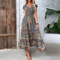 LBSFY  -  Women Vintage Print Long Dress  Summer Sexy V Neck Short Sleeve A-line Dress Female Elegant Elastic Waist Maxi Dresess Robe
