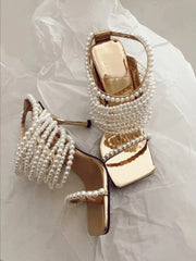 LBSFY  -  New Gold Square Open Toe String Bead Pearl Wrap Slip On Thin Heels Party Summer Sandals Women Elegant Bride Wedding Dress Shoes