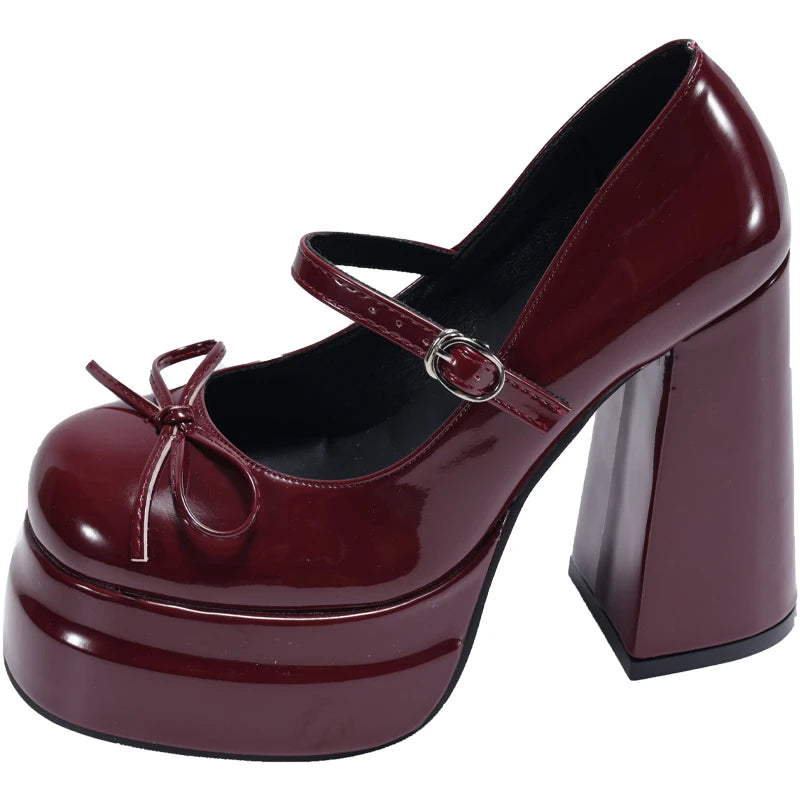 LBSFY -Super High Heel Mary Jane Shoes Women's Retro Round Toe Shallow Mouth Bow Platform One Strap Block Heel Single Shoes