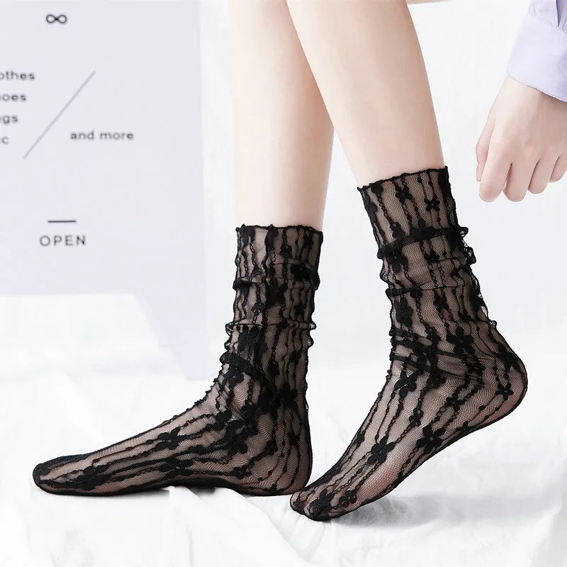 Lbsfy Women Lace Flower Hollow-Out Socks Retro Lolita Cute Summer Thin Middle Tube Transparent Socks Sweet Breathable Designer Socks
