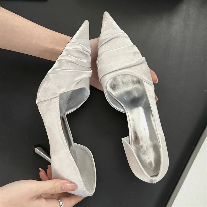 LBSFY -Design Style Pleated Shallow Pointed Toe Women Pumps Fashion Thin High Heels Party Dress Mule Female Shoes