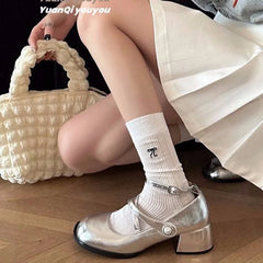 LBSFY -French Silver Mary Jane High Heels Women's Shoes Spring Summer New Style Square Head Thick Heel Buckle Strap High Heels