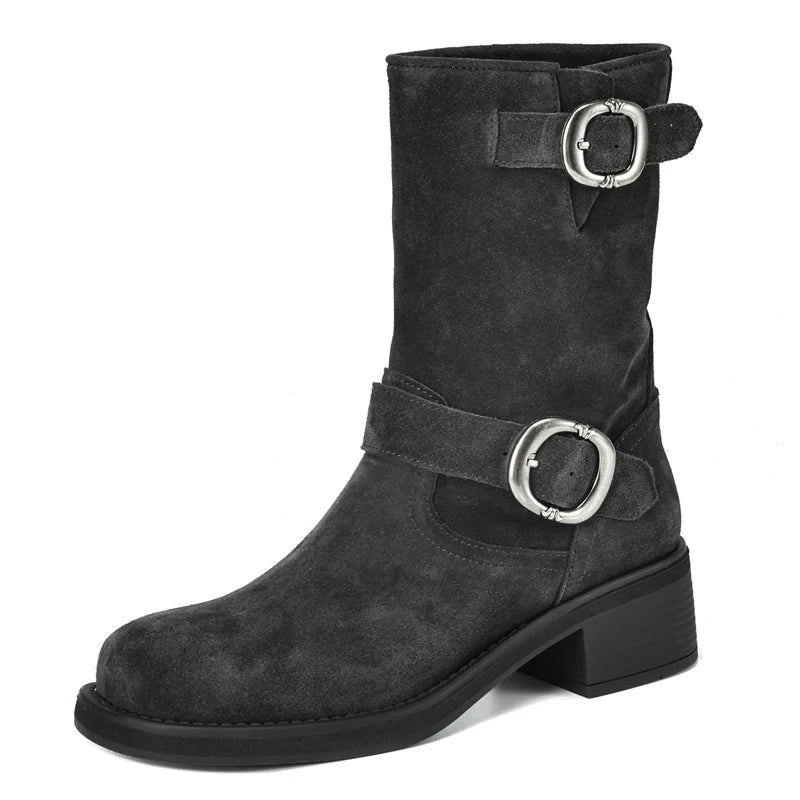 LBSFY  -  Plus Size 34-41 Cow Suede Ankle Boots Square Toe Buckle Motorcycle Booties Chunky Heels Retro Winter  Short Botas