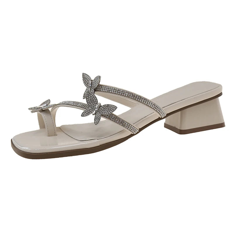 LBSFY  Fashion Silver Crystal Sandals Women Rhinestone Butterfly Thick Heel Sandles Woman Summer Med Heeled Party Shoes Female