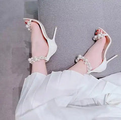 LBSFY  -  Newest Hot Woman White Black Pearls Zipper Back Summer Sandals Lady 8 10 CM Stiletto Heels Open Toe One Line Wedding Shoes