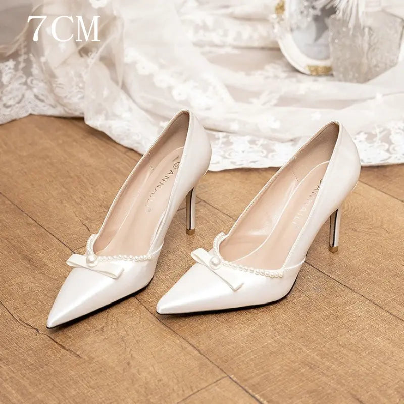 LBSFY  -  2024 Fashion Dress shoes Wedding Shoes Female White Satin Bow Pearl Fairy Wind Bridesmaid Shoes Bridal Pumps