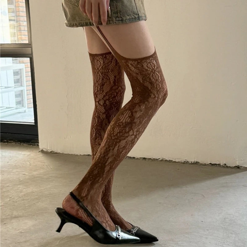 Lbsfy 8 Colors Sexy Lace Pantyhose for Women Hollow Mesh Flower High Fishnet Stockings Japanese Lolita Sexy Breathable Party Tights
