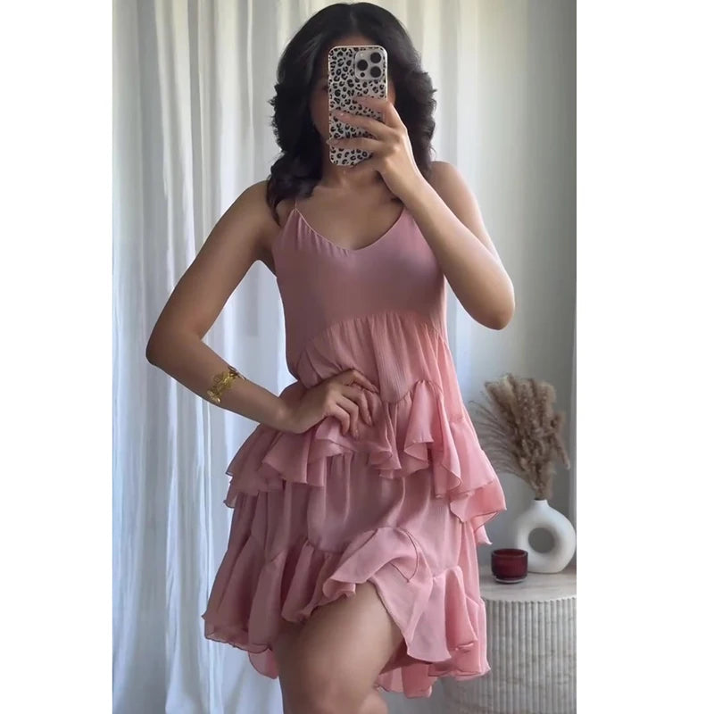 LBSFY -Asymmetric Ruffle Hic Party Dress For Summer V-neck Solid Color Pink Fashion Women Slip Dress Streetwear Holiday Female Clothes