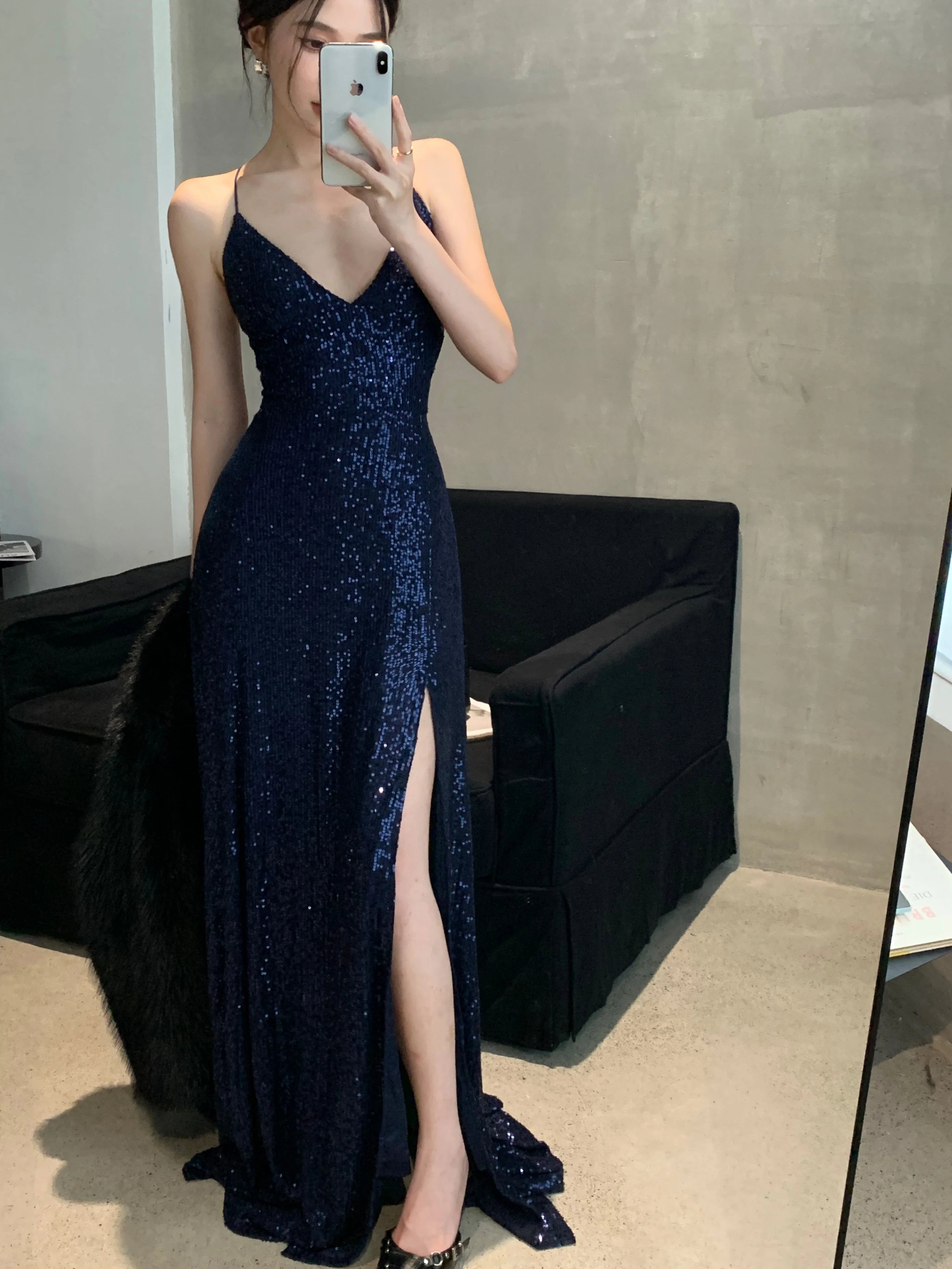 LBSFY -Elegant Backless V-Neck Split Party Dress Sexy Slim Luxury Gown Evening Dresses Fashion Robe Birthday Party Autumn Spring New