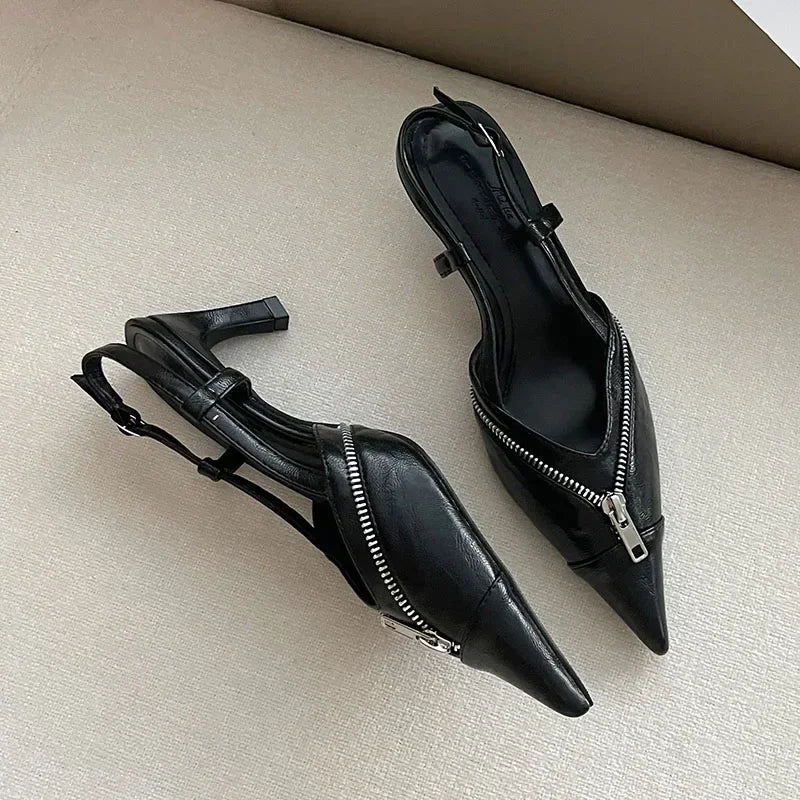 Lbsfy Pointed Toe Mules Pump Women Zip Design Slingbacks High Heels Female Footwear Fashion Summer Elegant Brand Shoes Women