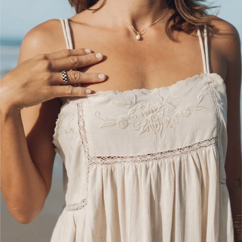 LBSFY -Fashion Embroider Linen Blended Casual Beach Dress Loose Backless Vacation Dress 2025 New Square Collar Fashion Vestidos