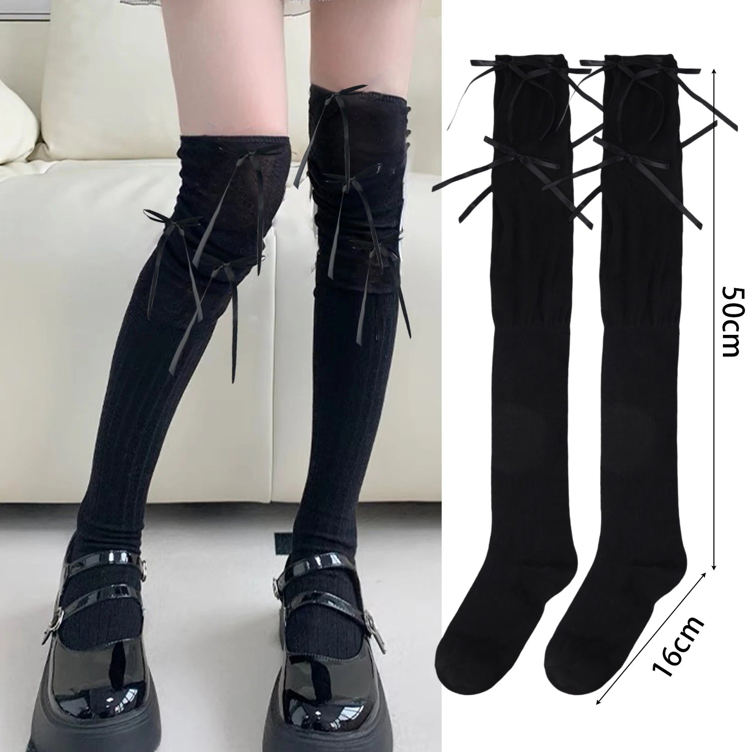 Lbsfy Lolita Long Socks Women Bandage Ribbon Bow Sweet Girls Kawaii Cute Middle Tube Socks Ballet Style Solid Color Black White Socks