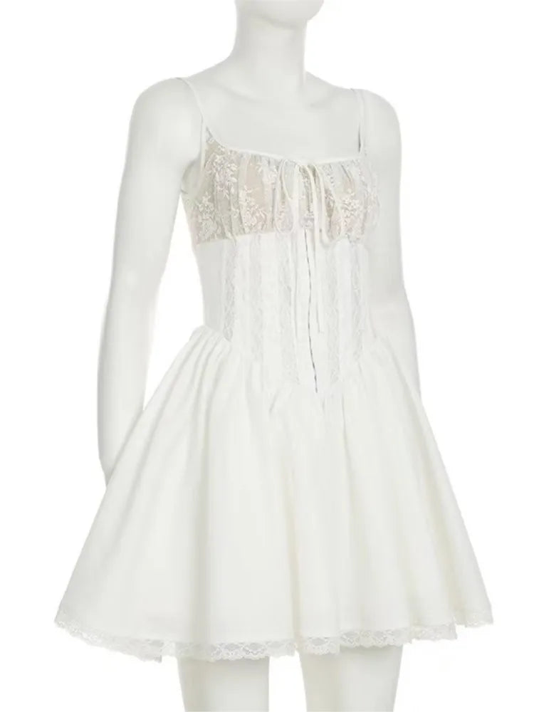 LBSFY -Sexy Hollow Lace Dresses For Woman Elegant Fashion A-Line Folds Spaghetti Strap Square Collar Ball Gown Dress 2025 Summer New