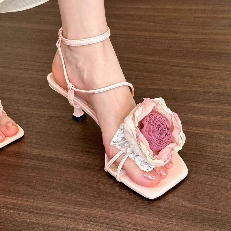 LBSFY  -  2024 Colorful 3D Flower Short Heel Sandals Square Headed Open Toe Party Fashion French Sandals Detachable Rose Woman Shoes 35-39