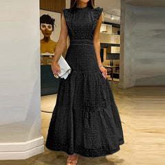 LBSFY  -  Women Casual Flying Sleeve Solid Maxi Dress Elegant Embroidery Hollow Out Long Dress Fashion Half High Collar Pleat Party Dress