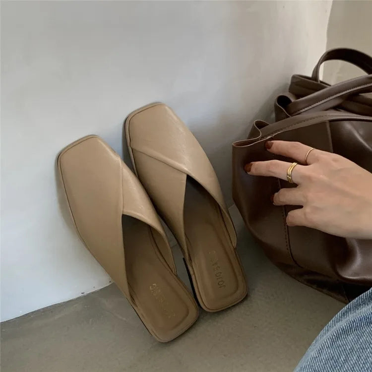 LBSFY -Flat Half Drag Slippers Square Toe Sandals 2025 Spring/Summer Outside Wear Casual Soft Bottom Mules Low Heel Sapatos Femininos