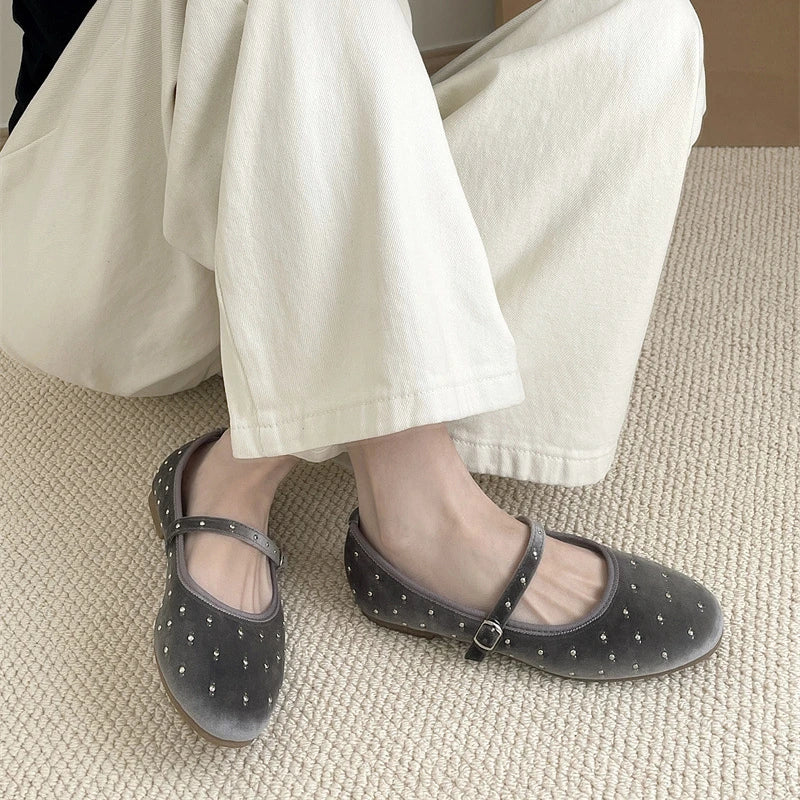 LBSFY -Rivet Decor Velvet Mary Janes Shoes Women Round Toe Elegant Ballet Flats Shoes Ladies Buckle Strap Spring Autumn Loafers New