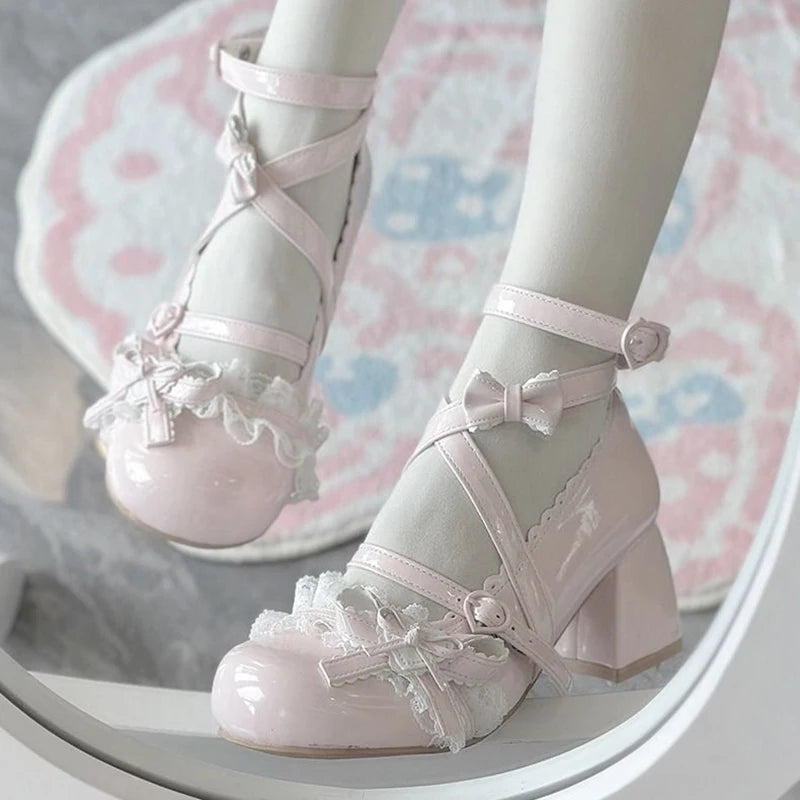 LBSFY -Lolita Red High Heels Cute pumps Shoes spring Autumn Lace Thick high heels Single Shoes Patent Leather Mary Jane Women's Shoes