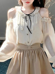 LBSFY -Women Fashion Elegant Casual Blusas Mujer Long Sleeve Webbing Tops O-neck Ruffles Bandage Lace Up Summer Sweet Chic 2025 Clothes
