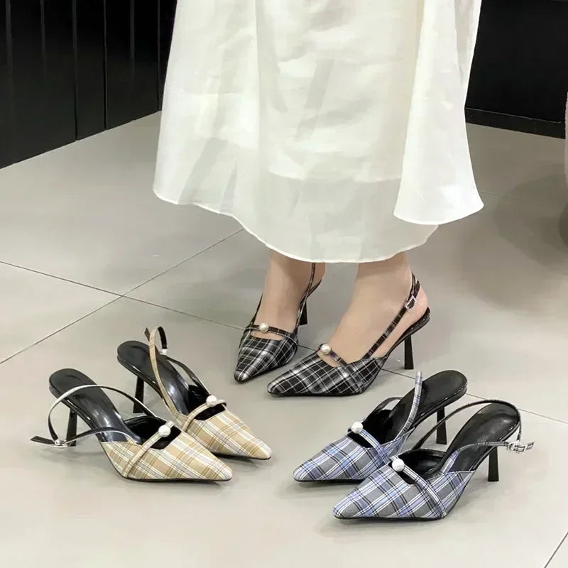 Lbsfy Pointed Toe Retro Plaid High Heels Women Elegant Slingbacks Shoes Women Pumps Sexy Office Fashion Dress Shoes Sandalias De Mujer