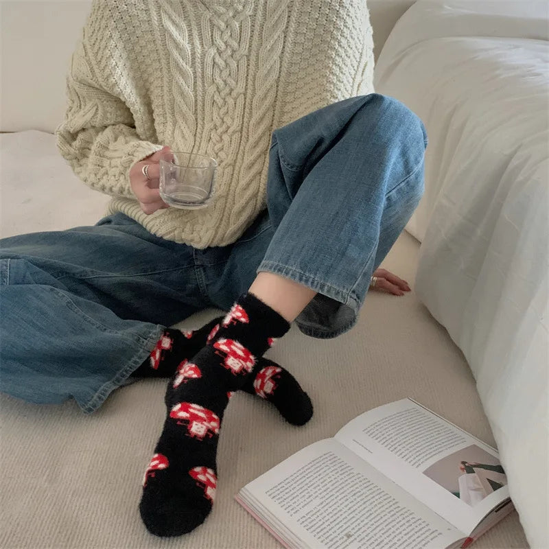 Lbsfy Mink Velvet Socks Women Autumn Winter Cartoon Rabbit Cherry Soft Kawaii Cute Thicken Thermal Coral Velvet Sleep Plush Floor Sock